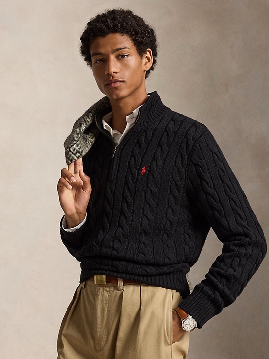 Polo Ralph Lauren Other - Polo by Ralph Lauren Black Cable-Knit Quarter-Zip Sweater with Red Pony XXL